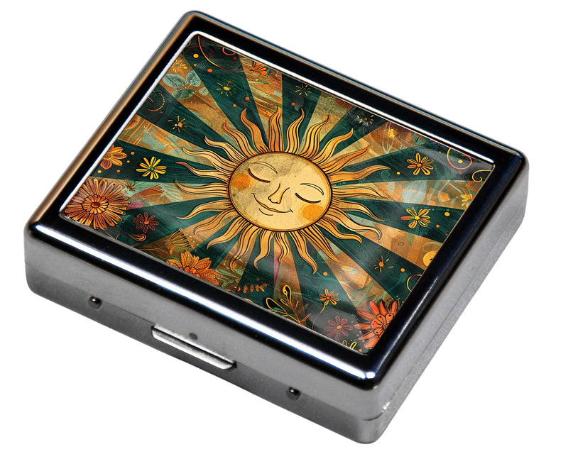 7 Day Travel Pill Organizer with Mirror Shiny Silver Chromed 8 Compartment Pill Box for Vitamins and Medications Compact and Stylish Medicine Case (The Mysterious Sun) The Mysterious Sun