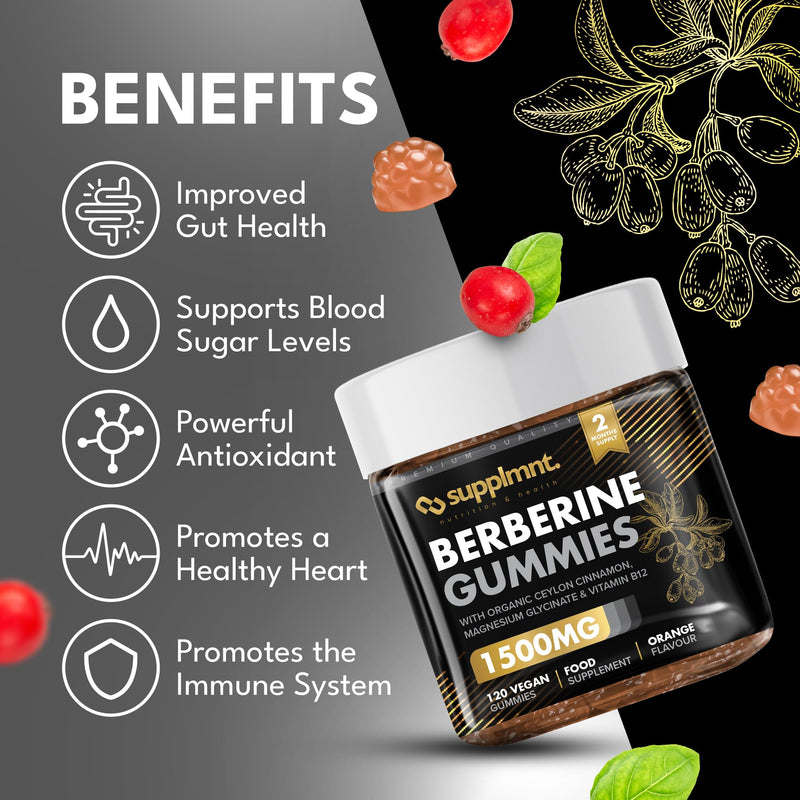 Supplmnt. Berberine Gummies - 2 Months Supply, 1500mg Berberine with 1000mg Ceylon Cinnamon, 2.4mg Vitamin B12 & 400mg Magnesium Glycinate - Powerful Metabolism & Immune Support Supplement - Orange