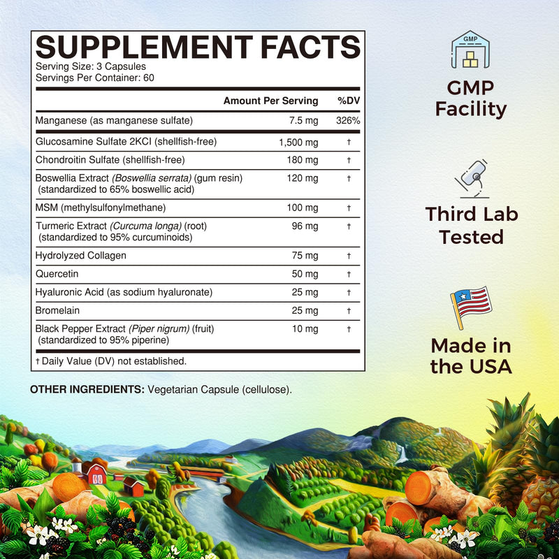 [Australia] - Vitalitown Glucosamine Chondroitin MSM, Turmeric, Collagen, Hyaluronic Acid, Boswellia, Quercetin, 11-in-1 Formula, Glucosamine Sulfate 1500 mg, No Shellfish, Flexibility & Comfort, 180 Caps 180 Count (Pack of 1) 