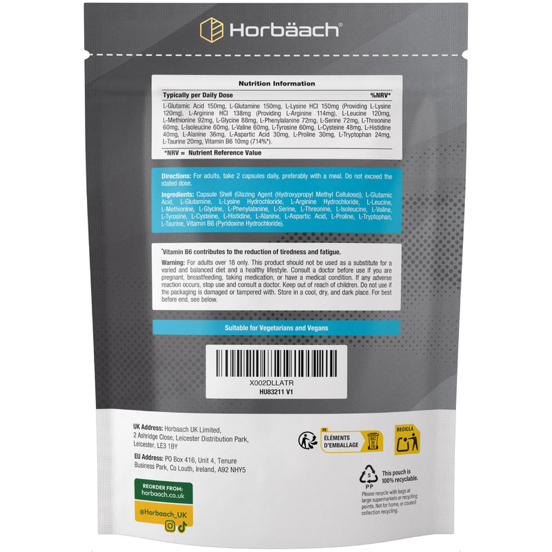 Amino Acid Supplement | Full Spectrum Complex | All BCAA & EAA Including Lysine & Arginine | All 20 Amino Acids | Free Form & Vegan | by Horbaach