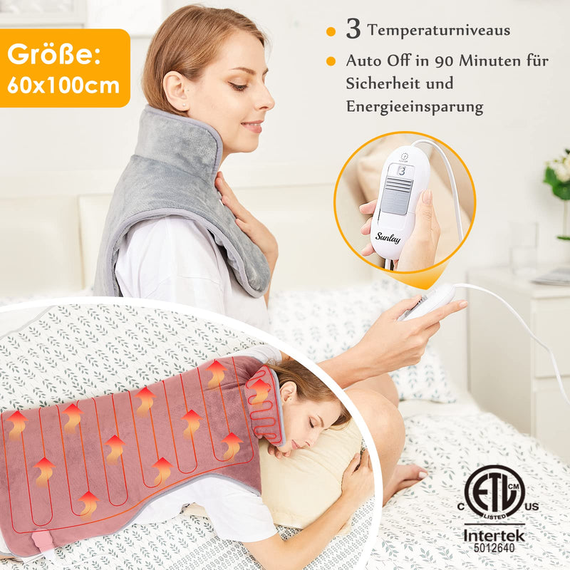[Australia] - Heating pad for back, shoulder, neck, 60x100cm, heat pad with automatic switch-off, quick heating with waist strap, back warmer 6 heating levels & auto-OFF timer, flannel material, washable, gray 