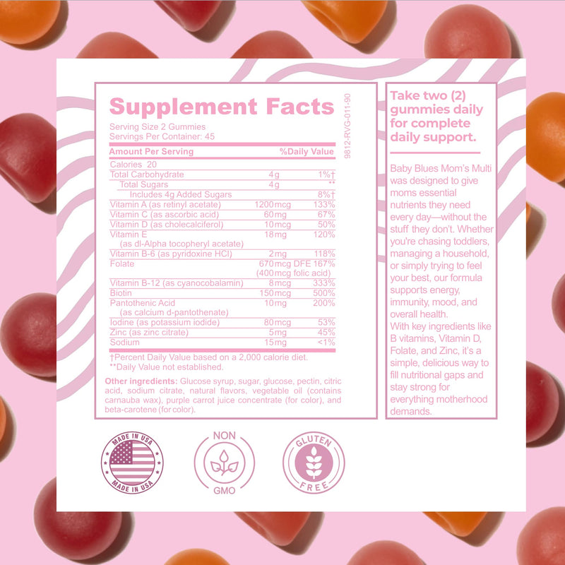 Baby Blues Multivitamin for Women, Daily Gummy Multivitamin for Moms with Biotin, B12, Folate, Vitamin D and Zinc, Hair Skin and Nails, Energy and Immune Support, Iron Free, 90 Count Orange