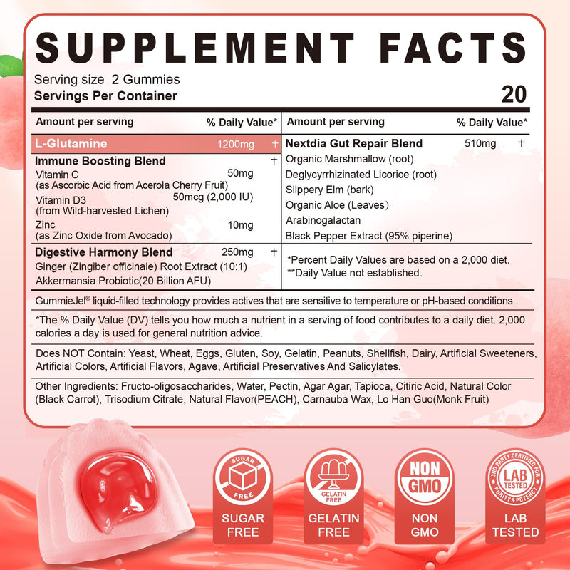 L-Glutamine 1200mg Gummies, GLP-1 Friendly, Gut, Immune Support, Metabölism | Leaky Gut Repair with Akk Probiotic, Slippery Elm, Marshmallow Root, Ginger, Aloe, Vitamin C D3, Zinc, No Sugar, Vegan,120cts 120 Count ( Pack of 2 )