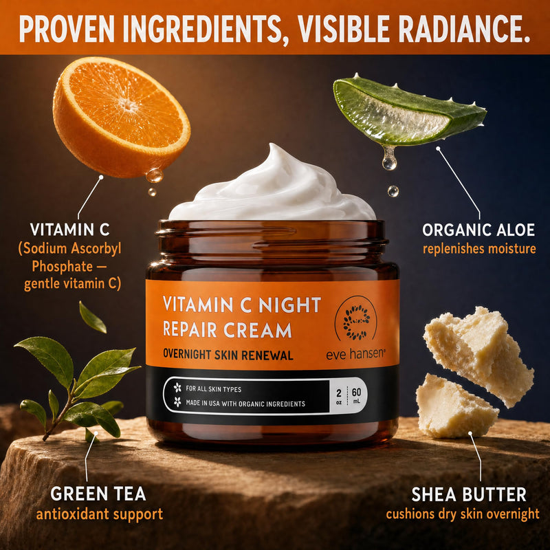 Eve Hansen Vitamin C Night Cream for Face & Neck, Brightening Night Repair Moisturizer for Mature, Dry Skin, Reduces the Look of Fine Lines & Wrinkles, Non-Greasy, Made in USA, 2 oz