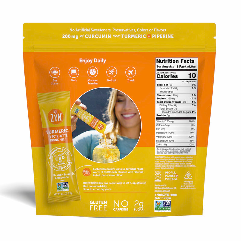ZYN Turmeric & Electrolyte Packets for Hydration, Passion Lemonade, 16 Ct Passionfruit Lemonade 5.12 Ounce (Pack of 1)