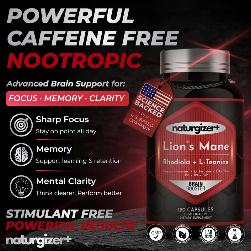 Lion's Mane Nootropic with L-Theanine, Bacopa, B Vitamins | 120 Cap | Caffeine-Free Lion's Mane Complex with Citicoline, L-Theanine, Bacopa & B Vitamins | 120 Capsules