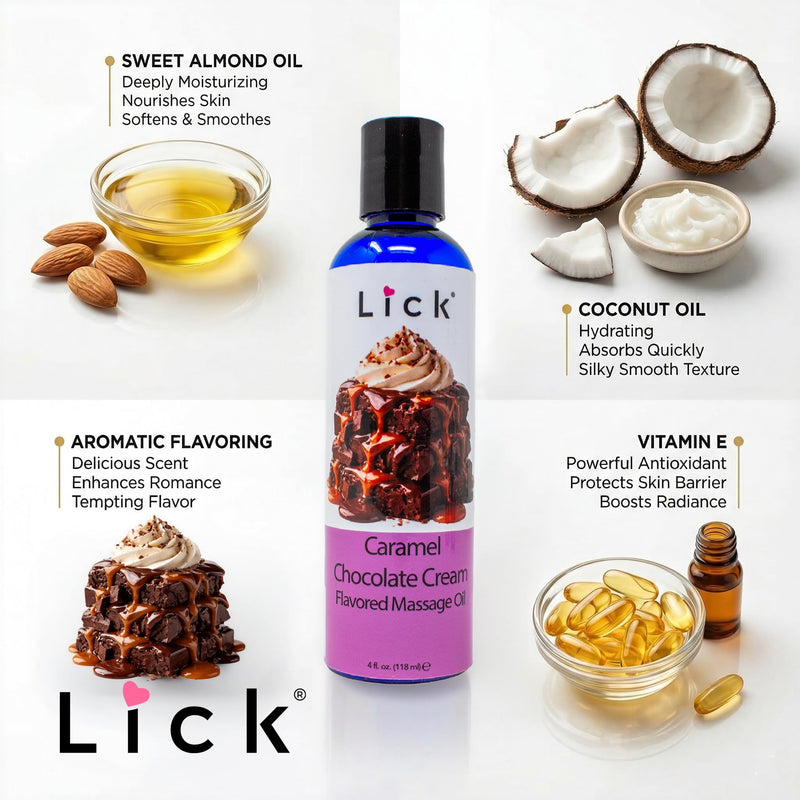 Caramel Chocolate Cream Flavored Massage Oil – Tropical Edible Massage Oil with Sweet Almond Oil & Vitamin E, Hydrating Body-Safe Formula for Relaxing Couples Massage, 4 oz