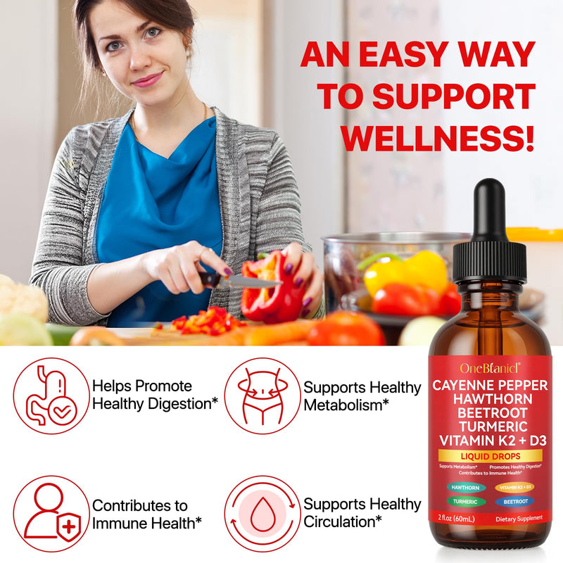 [Australia] - Cayenne Pepper Drops Supplement Liquid 60ml Herbal Supplements Cayenne Pepper Hawthorn Beet Root Turmeric Curcumin, Vitamin K2 & D3 Extract Organic 