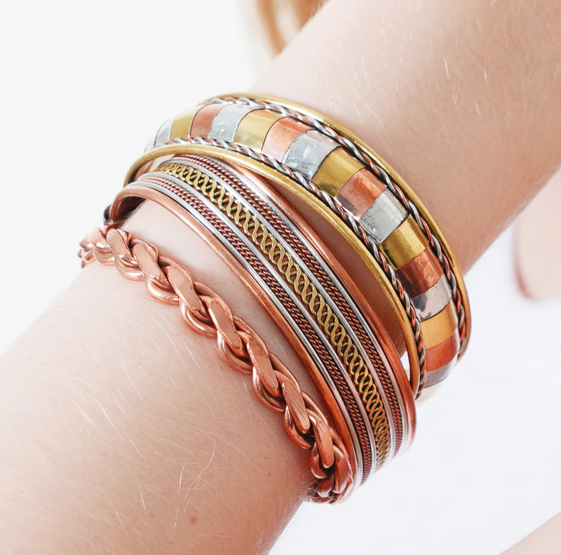 [Australia] - Touchstone copper bracelets | gift for men women |adjustable 100% pure solid real magnetic jewelry | handmade bracelet set combo | rope braided tibetan bangles. Two tone 3 