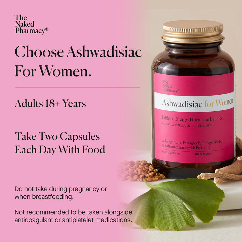 The Naked Pharmacy | Ashwadisiac for Women | Energy & Balance | Saffron, Ashwagandha, Fenugreek & Prebiotic | High Strength | Natural No Additives | 60 Capsules 60 count (Pack of 1)