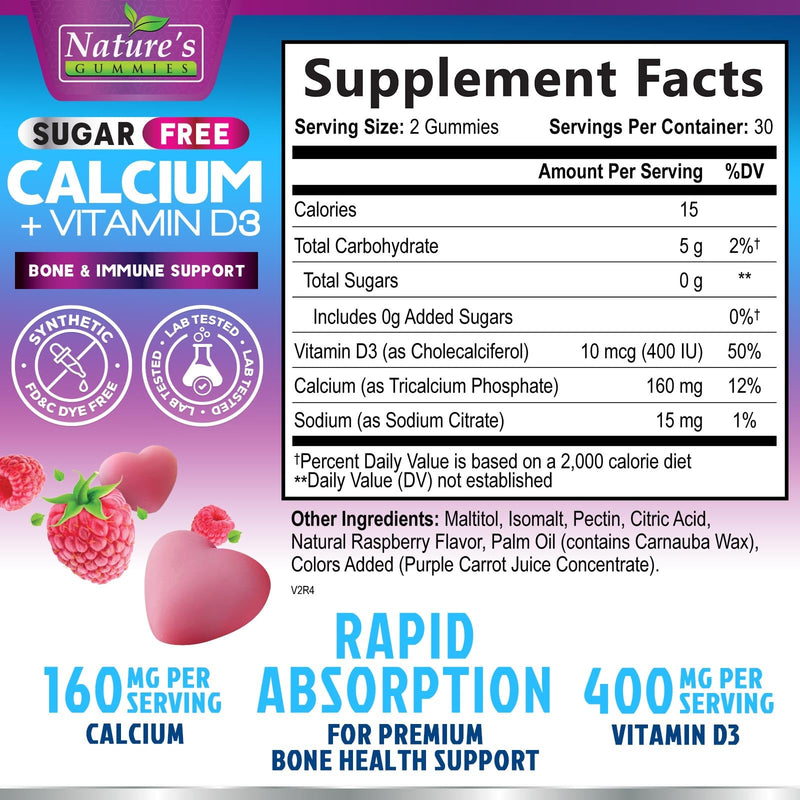 Calcium Supplement Gummies - Sugar Free Calcium Gummy with Vitamin D3 for Best Absorption - Supports Immune Health, Bones & Teeth - Nature's Calcium Chews for Women & Men - Berry Flavor - 60 Gummies 60 Count (Pack of 1)