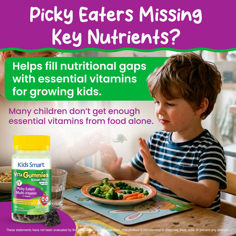 KIDS SMART Picky Eaters Multivitamin + Veggies Gummies, Daily Wellbeing | Essential Vitamins, Minerals + Veggie Blend, Sugar-Free Vegan Gummies, Non-GMO, Supports Growth, Immunity & Wellness, 30 Ct