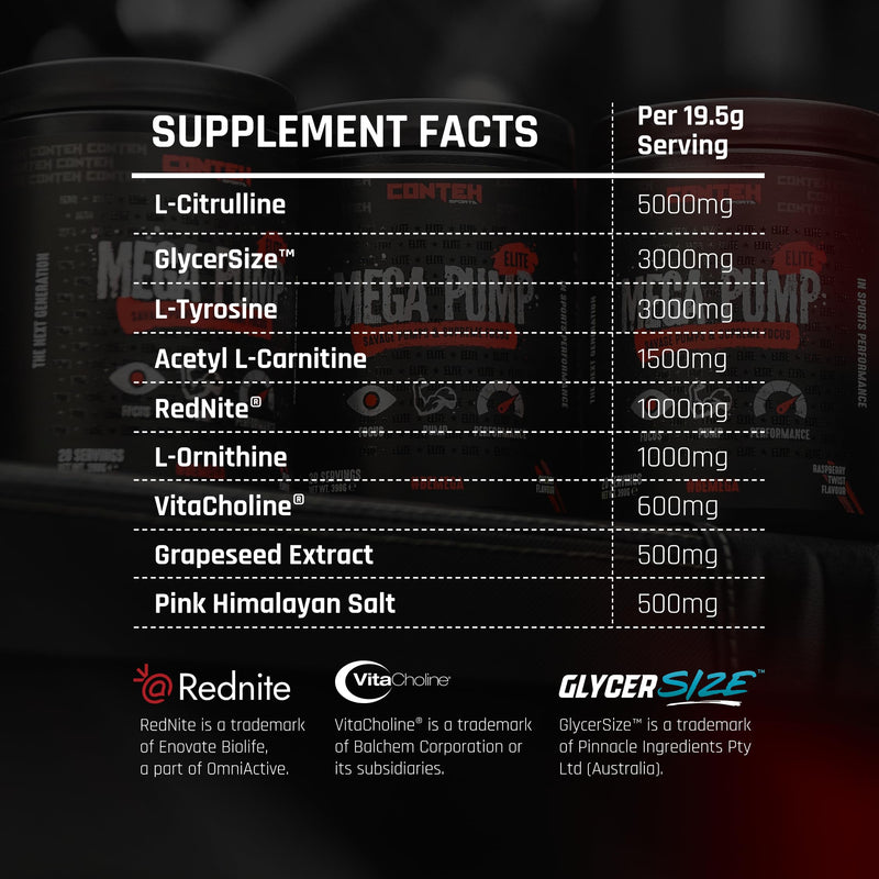 Conteh Sports Mega Pump Elite Pre-Workout - Stim-Free Pump Formula with L-Citrulline & Glycerol - Grape - 30 Servings One Size