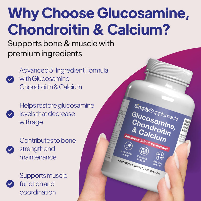 Glucosamine, Chondroitin & Calcium Supplement | Supports Bone & Muscle | 2KCl Glucosamine Sulphate & Chondroitin Sulphate | 240 Capsules = 4-Month Supply | Made in The UK to GMP Standards Unflavoured 1 count (Pack of 240)