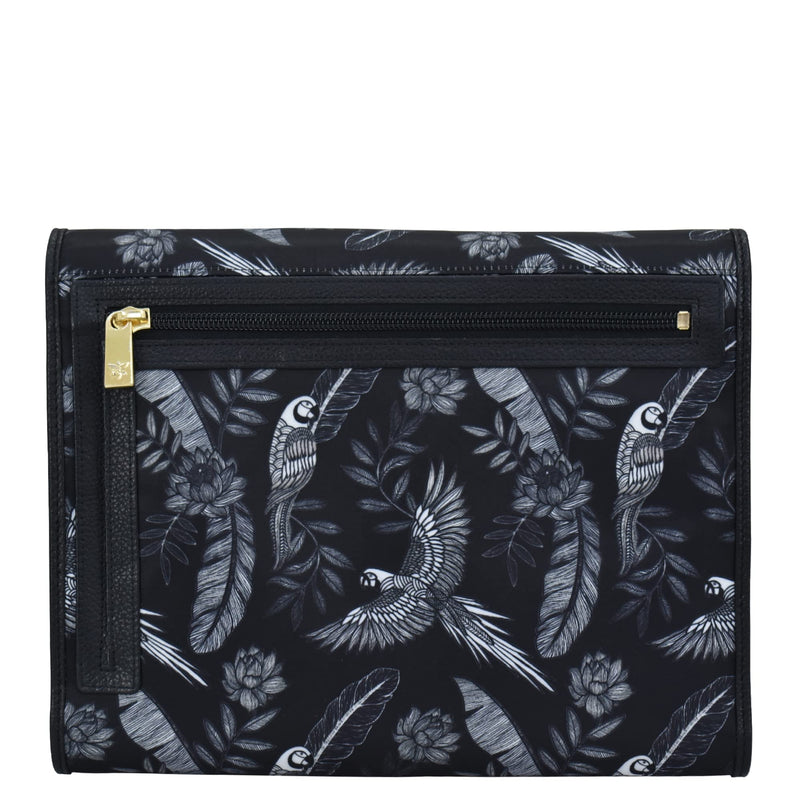 Anuschka Hanging Travel Organizer - Wanderlust Collection - Nylon Fabric with Genuine Leather Trim and Artwork Print Jungle Macaws
