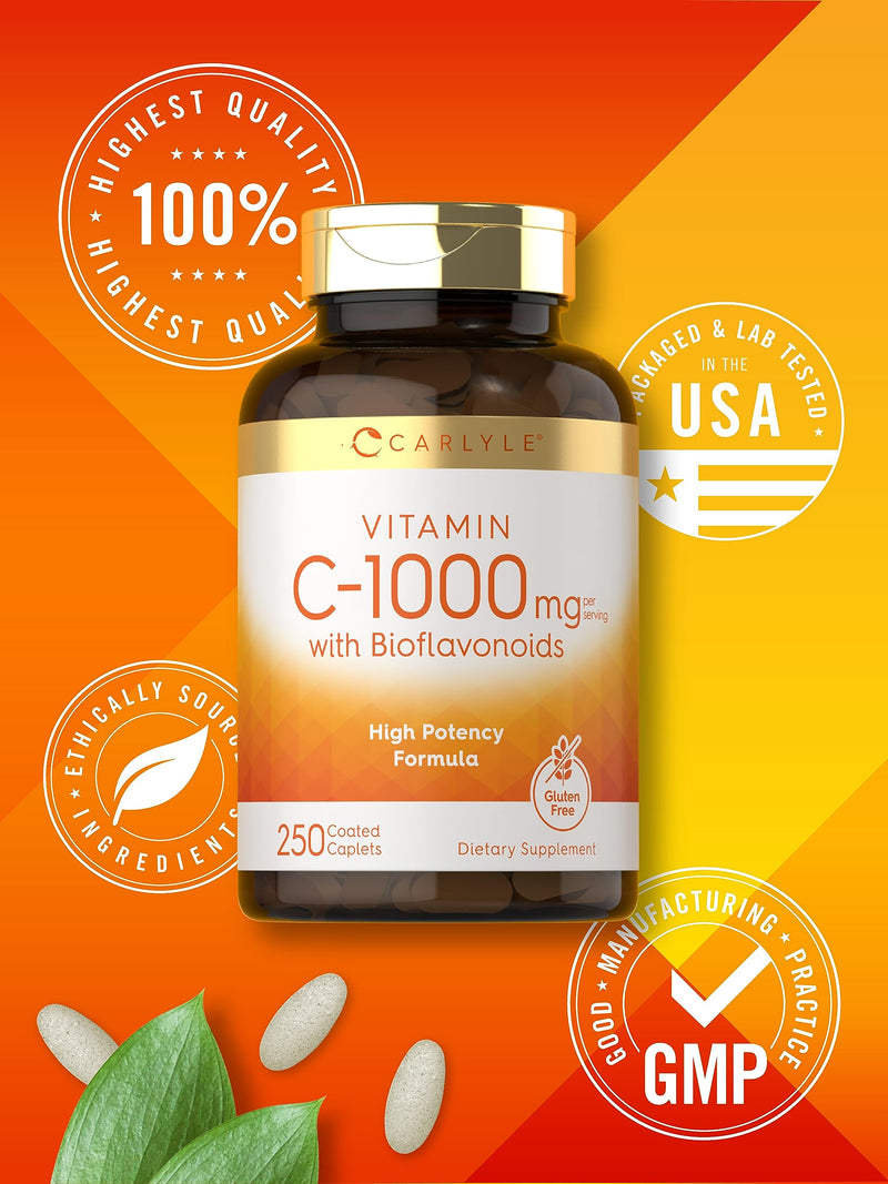 Carlyle Vitamin C 1000mg | with Rose Hips and Citrus Bioflavonoids | 250 Caplets | Vegetarian, Non-GMO, Gluten Free Supplement