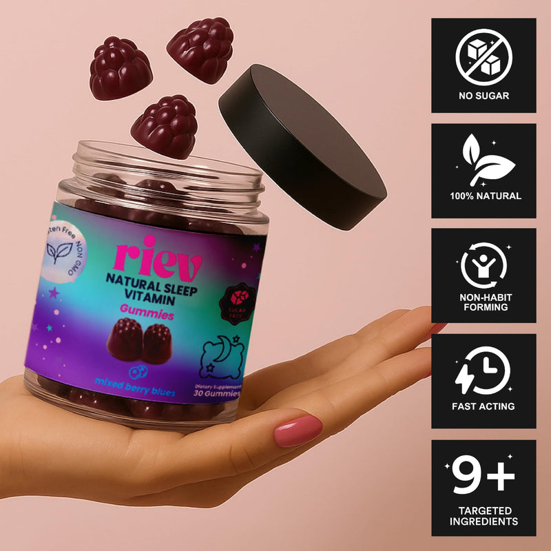 Reiv Natural Sleep Vitamin Gummies – 6mg Melatonin with L-Theanine, ZInc & Lemon Balm – Vegan, Sugar-Free, Gluten-Free – Natural Nighttime Relaxation – Mixed Berry Flavor – 30 Count