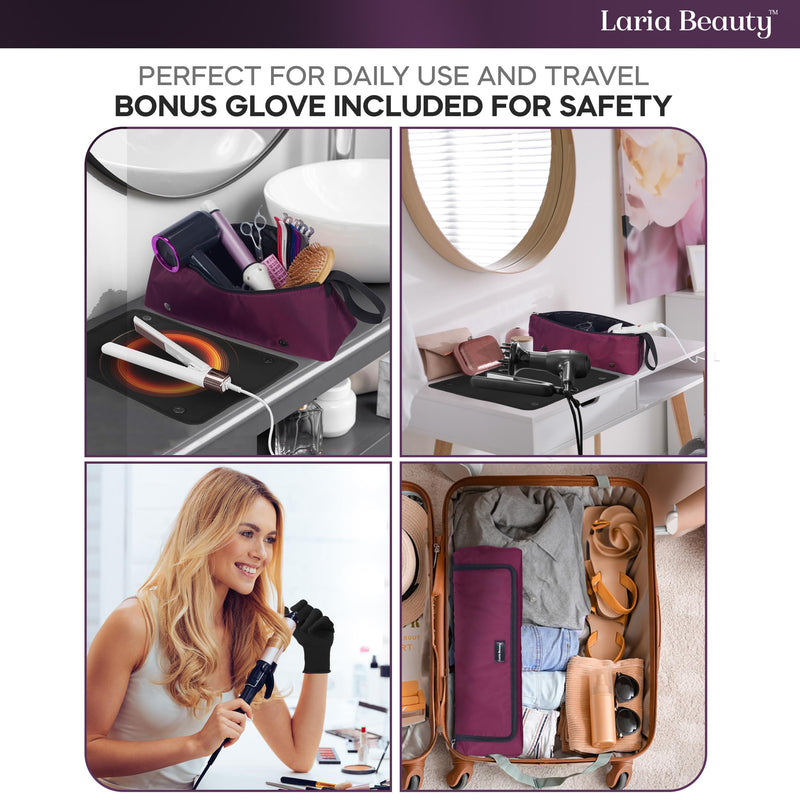[Australia] - 2-in-1 Hot Hair Tools Travel Bag, Removable Heat-Resistant Silicone Mat, Clear Pockets for Accessories, Protects Surfaces from Burns, Ideal for Curling & Flat Irons, Includes Heat-Resistant Glove Burgundy - Midnight Merlot 