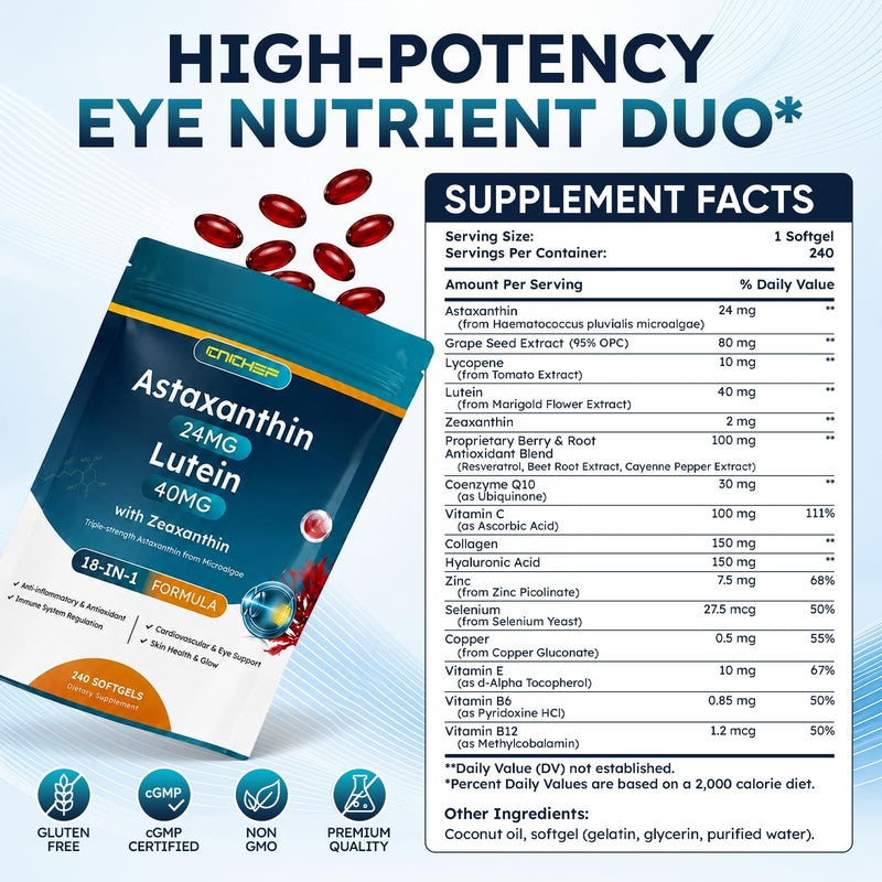 18-in-1 Astaxanthin 24mg Supplement with Lutein 40mg & Zeaxanthin, Eye Health & Antioxidant Support with Lycopene, Grape Seed, CoQ10, Collagen & Hyaluronic Acid, 240 Softgels, 240-Day Supply