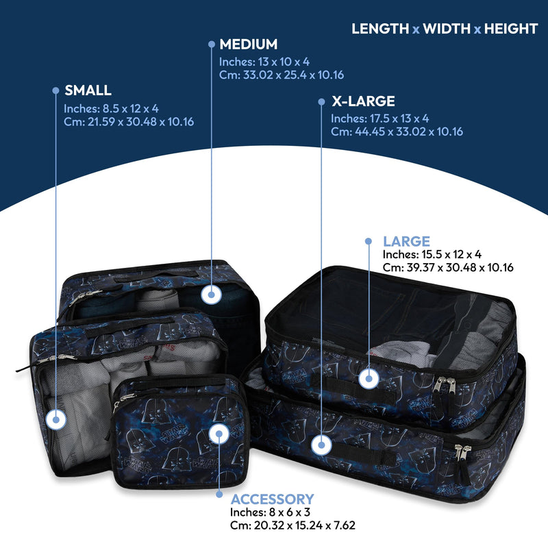 Star Wars Packing Cubes Set - Darth Vader, Storm Trooper, Yoda, Chewbacca - 5 Piece Travel Luggage Organizer for Kids Teens Adults - Disney Suitcase Essential