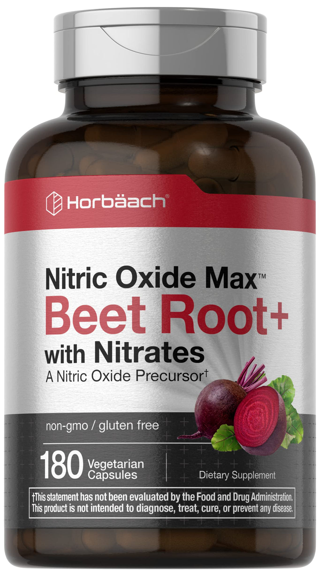 Horbäach Nitric Oxide Beet Root Capsules and Precursor | with Nitrates | 180 Count | Vegetarian, Non-GMO, Gluten Free Supplement