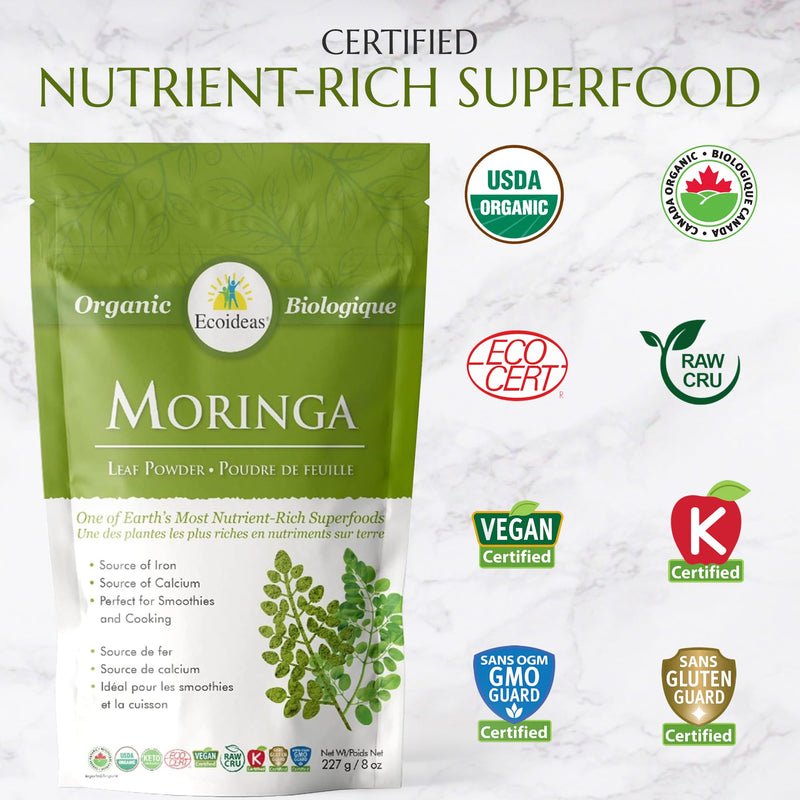 Ecoideas Org. Moringa Powder, 8 OZ Bag - Certified Organic, Kosher, Vegan, Gluten-free, Non-GMO, and RAW CRU 227 Gram