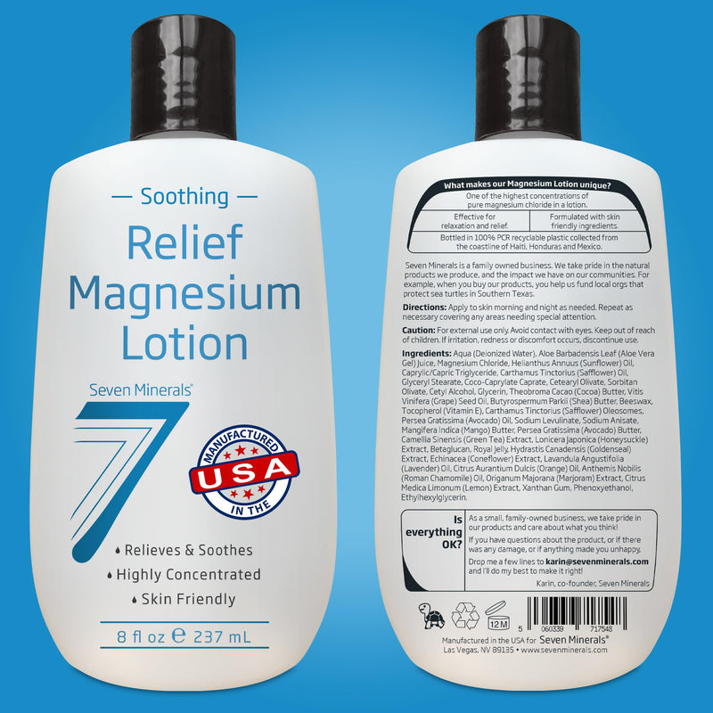 Seven Minerals Magnesium Lotion for Sleep, Soothing Relief & Relaxation - Highly Concentrated Magnesium for Better Sleep, Feet & Joint Care. Non-Greasy Lotion with Skin Friendly Ingredients - 8 fl oz 8 Fl Oz (Pack of 1) Bottle