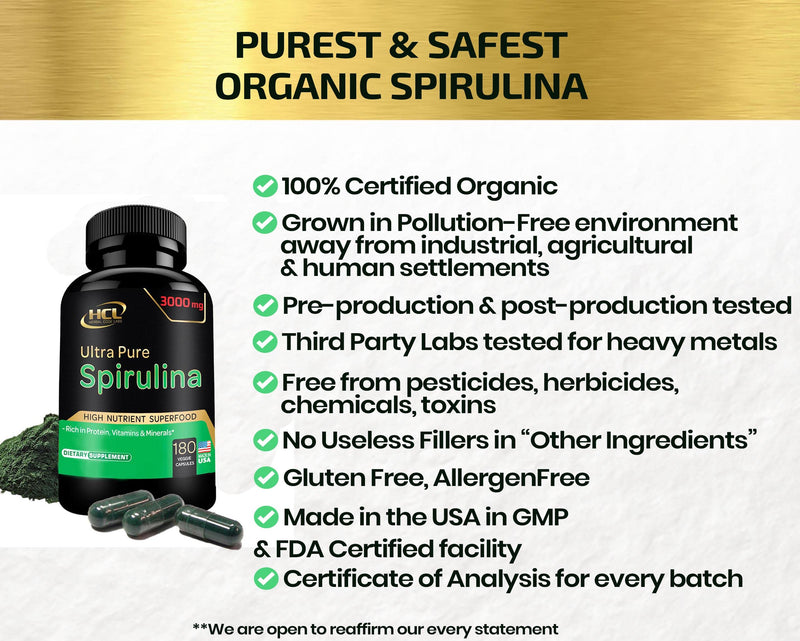 [Australia] - Organic Spirulina Powder Capsules 3000 mg - Purest Non-Irradiated Blue Green Algae - Best Raw Vegan Protein - Green Superfood - Natural Multivitamins – 180 pills Made in The USA 