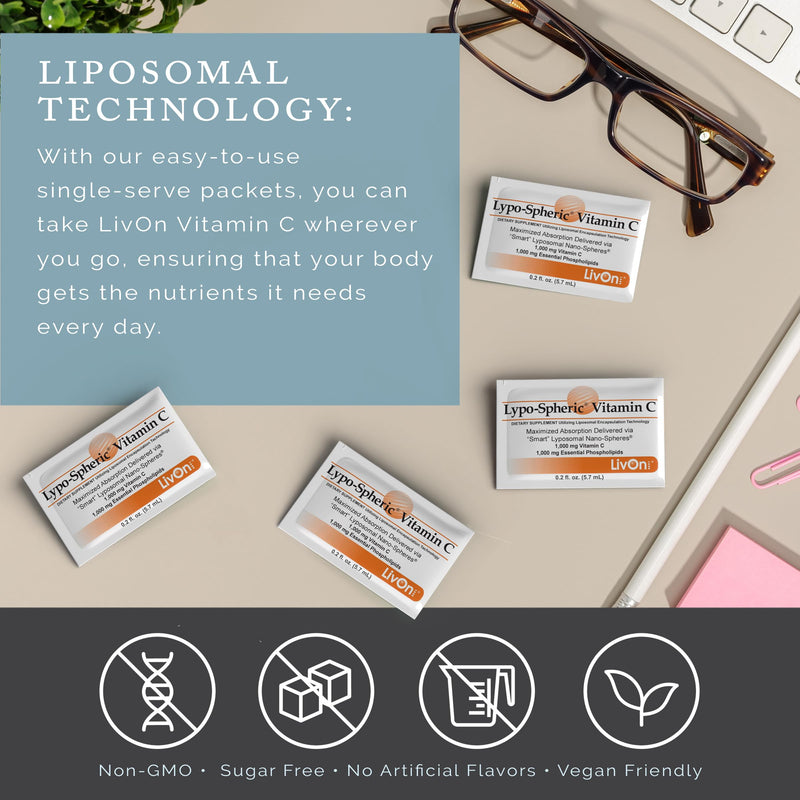 LivOn Laboratories Lypo–Spheric Liposomal Vitamin C 1000mg - No Sugar, Immune Support, Plant Based - Easy to Swallow, Absorbable - Non–GMO, Gluten Free (0.2 fl oz Individual 30 Packets) 30 Count (Pack of 1)