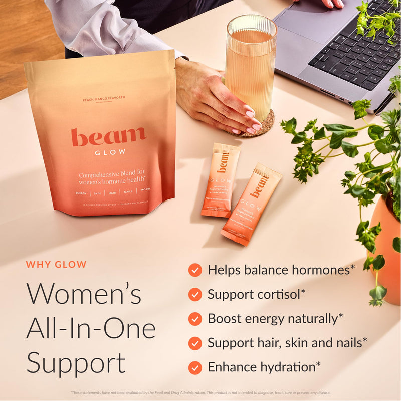 BEAM Glow Hormone Support & Cortisol Supplement for Women - Daily Vitamins for Women with Ashwagandha, Selenium, Zinc, Vitamin A, for Cycle Health, Mood & Energy, Peach Mango, 15 Servings