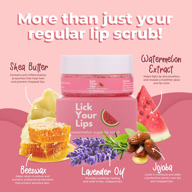 [Australia] - Watermelon Sugar Scrub for Dry, Cracked and Dark Lips by Lick Your Lips – Organic Lip Scrubs Exfoliator and Moisturizer with Lip Brush – Vegan, Cruelty-Free Lip Care Product (20g) Watermelon Sugar Lip Scrub 