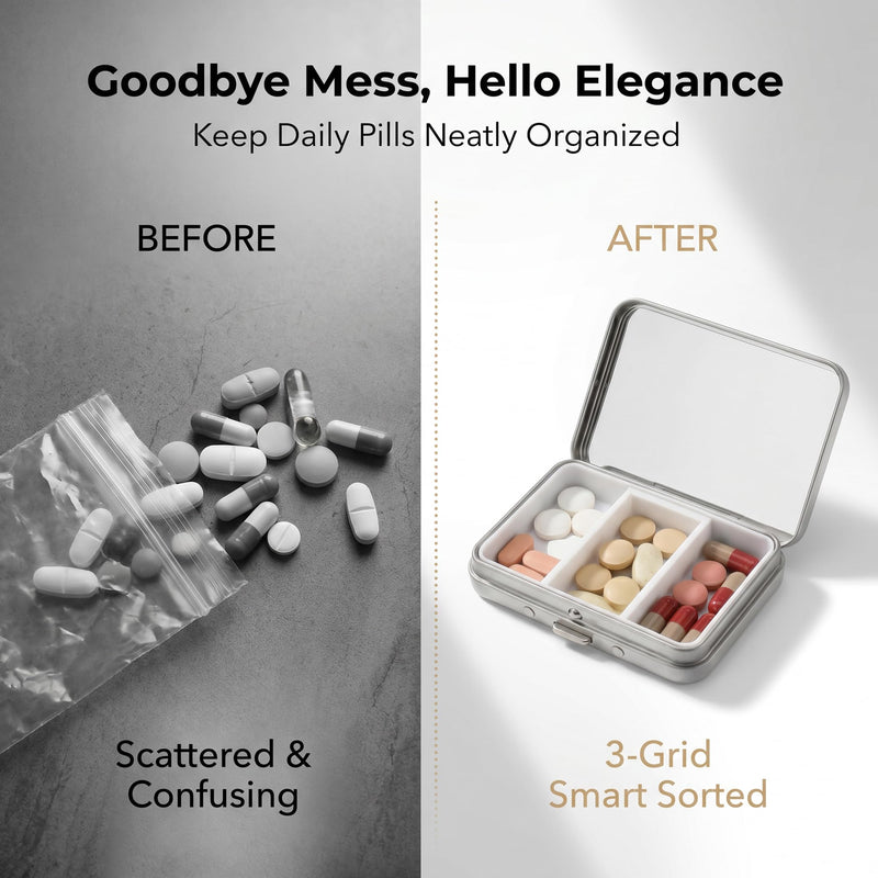 2Pcs Small Pill Case with Mirror 3 Compartment Metal Pill Box for Purse and Pocket,Portable for Daily Vitamins and Medication(Silver) Silver