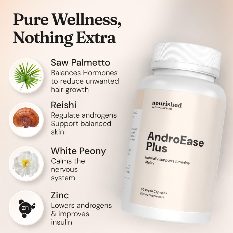 Nourished AndroEase Plus - Vegan Hormone Balance for Women, 60 Capsules | Daily Support for Energy, Vitality, Facial Hair with Zinc, Reishi, Green Tea & Saw Palmetto & Made in USA 60 Count (Pack of 1)