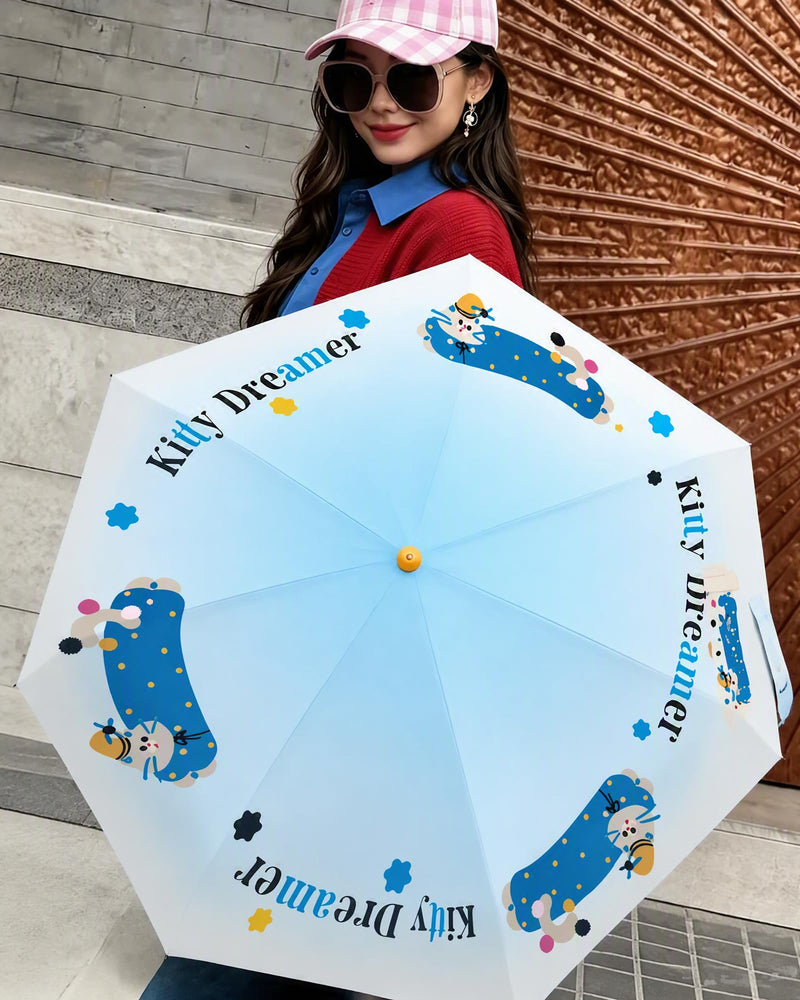 Cute Hand-Drawn Cartoon Folding Umbrella, Boot Shaped Handle & Apple Tip, UPF 50+ Black Coating Sun & Rain Compact Travel Umbrella with Hand Carry Storage Pouch for Women Girls Blue