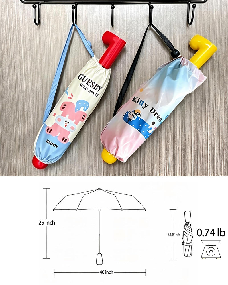 Cute Hand-Drawn Cartoon Folding Umbrella, Boot Shaped Handle & Apple Tip, UPF 50+ Black Coating Sun & Rain Compact Travel Umbrella with Hand Carry Storage Pouch for Women Girls Blue