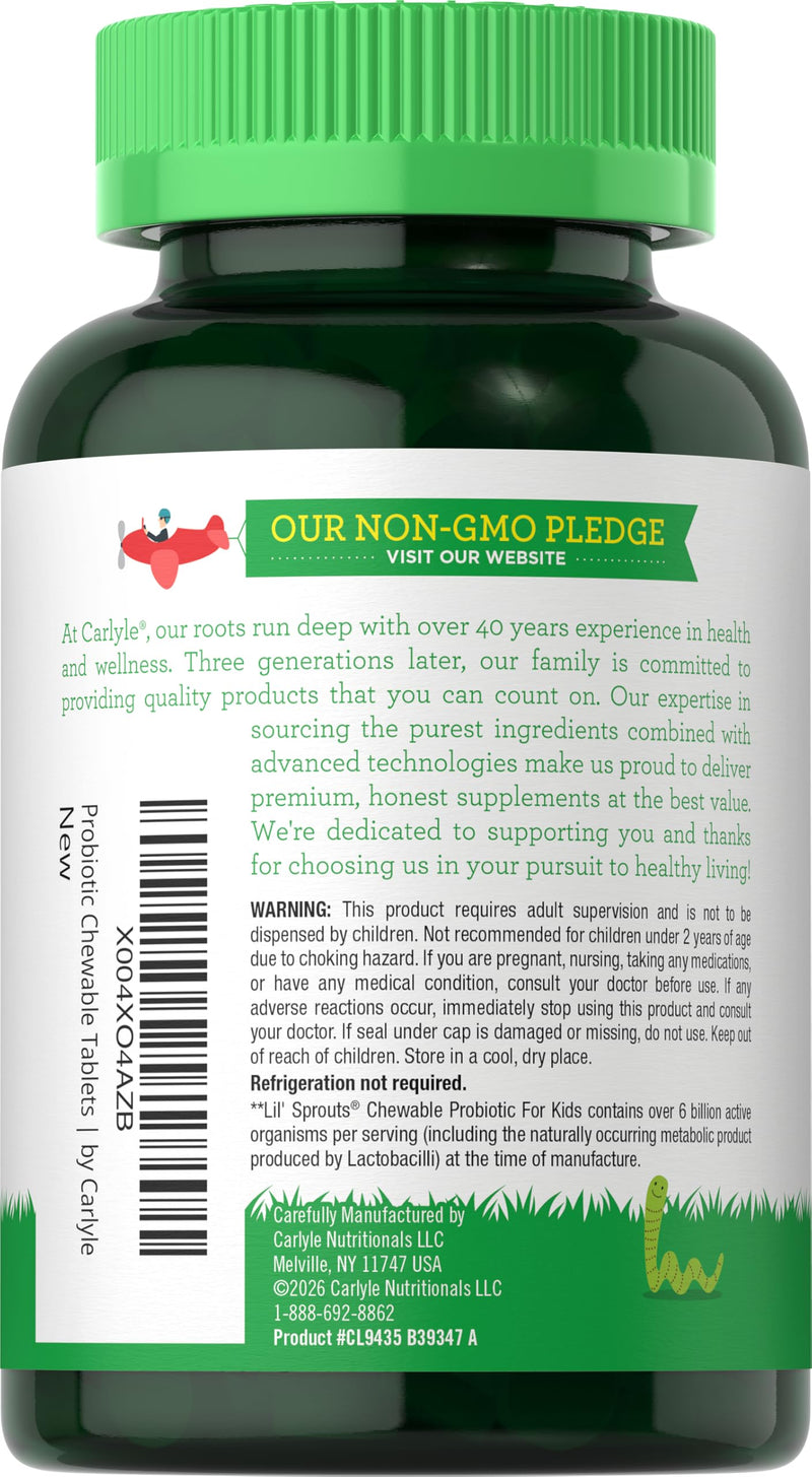 Carlyle Chewable Probiotics for Kids | 180 Tablets | 6 Billion CFUs | Raspberry Flavor | Non-GMO & Gluten Free Supplement | by Lil' Sprouts 180 Count ( Pack of 1)