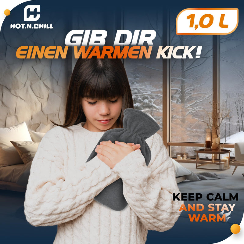 [Australia] - HOT.N.CHILL® Premium hot water bottle with cover I 1.0L I Extra soft & cuddly I Small hot water bottle made of natural rubber leak-proof & tested I Hot Water Bottle I Bed bottle for adults & children Gray (1.0l) 