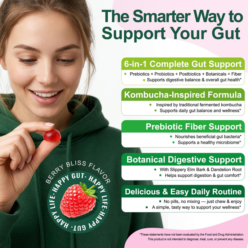 Probiotic Kombucha Gummy with Prebiotics & Postbiotics, 1.6 Billion CFU 丨Elm Bark and Dandelion Root Extracts for Gut Health & Digestive Balance, 60 Gummies Berry Flavor Chewable for Women & Men