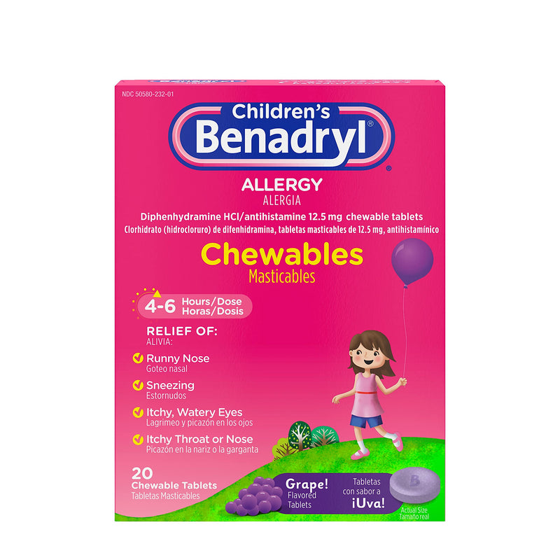 Benadryl Children's Allergy Chewables with Diphenhydramine HCl, Antihistamine Chewable Tablets for Relief of Allergy Symptoms Like Sneezing, Itchy Eyes, & More, Grape Flavor, 20 Count (Pack of 1)