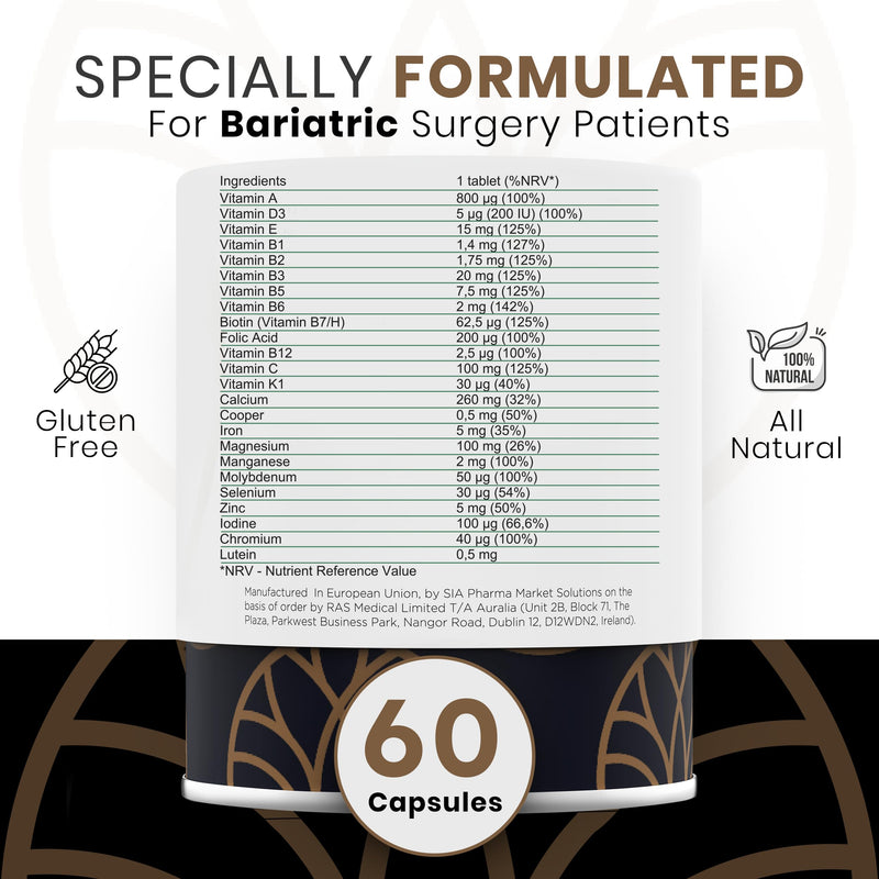 Bariatric Multivitamins with Iron & Calcium + Minerals 1 PER Day Vitamins Gastric Bypass Sleeve Supplements 60 Tablets (2-Month Supply)