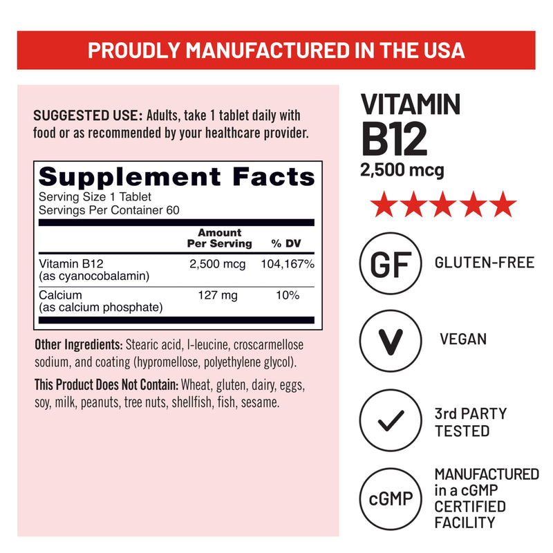 NatureWise Vitamin B12 Extra Strength 2500mcg - B12 Supplement for Energy + Mental Clarity & Nervous System Support - Easy-to-Swallow, Vegan & Non-GMO - USA Manufactured - 60 Tablets[60-Day Supply]