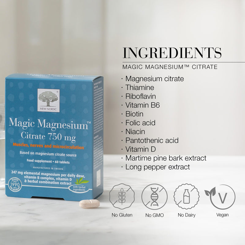 New Nordic Magnesium Citrate - 750 mg Extra Strength - Muscle & Sleep Support for Women & Men - Vitamin B Complex & Vitamin D - 60 Tablets Unflavoured 60 count (Pack of 1)