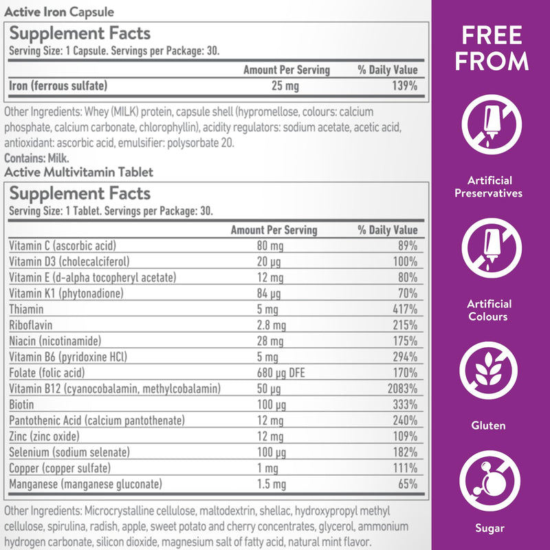 [Australia] - Active Iron for Women, Non-Constipating, 30 Active Iron High Potency Capsules with 30 Multivitamin Tablets, Helps Strengthen Your Immune System 1 Count (Pack of 1) 
