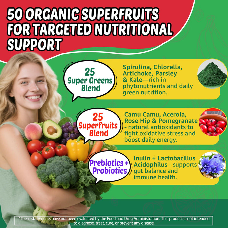 Super Greens Gummies with 50+ Veggies & Fruits, Methylfolate & Methyl B12 | Daily Greens Supplement for Men & Women, Whole Food to Boost Immunity, Energy, Antioxidant, Probiotics - Gut Health, 120cts