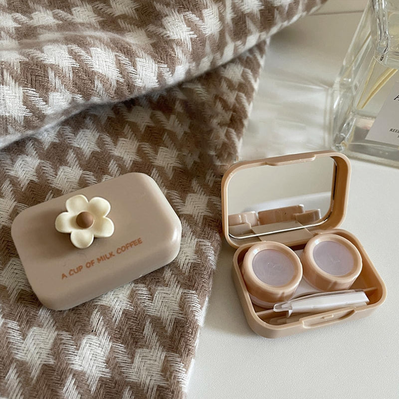 [Australia] - 2 Pack Mini Contact Lens Cases, Portable Contacts Lens Box Travel Kit with Mirror, Tweezers, Remover Tool Stick, Cute Flower Eye Contact Case Container Holder Storage Box for Daily Outdoor Brown 