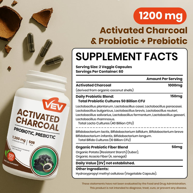 [Australia] - VEV Activated Charcoal with Organic Coconut Shell Charcoal & 50 Billion Probiotics ‚Äì 120 Vegan Capsules for Digestive Wellness & Dietary Support 