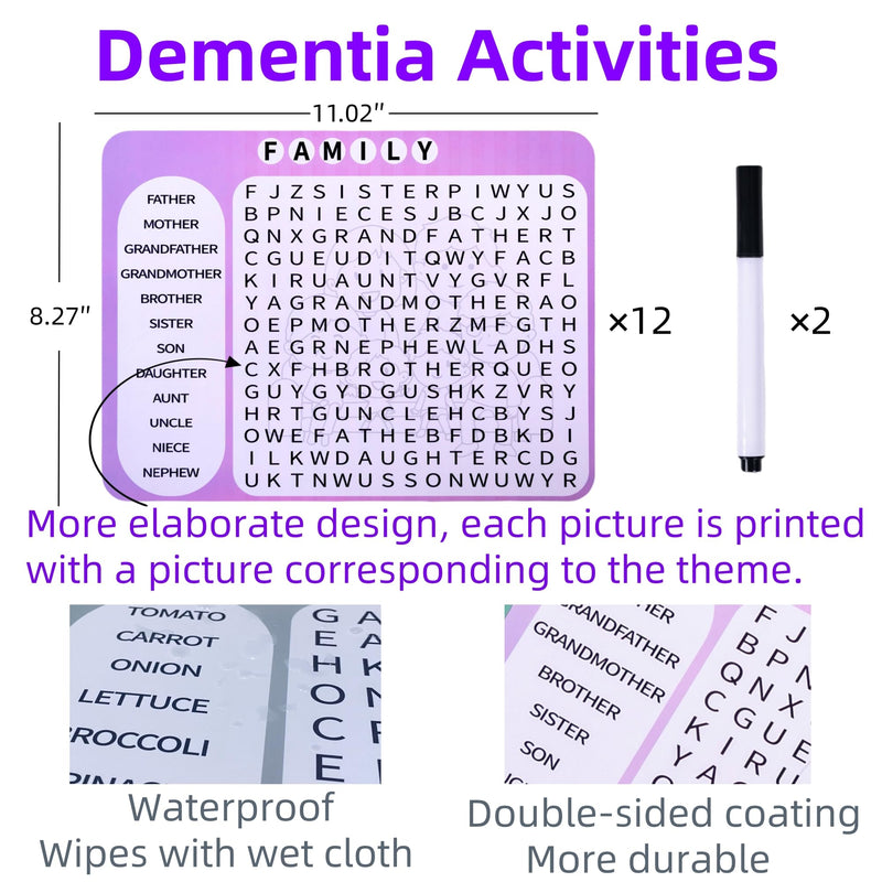 [Australia] - 12 Pcs Reusable Word Search Cards for Dementia Game-Dementia Activities for Seniors with Alzheimer's-Elderly Alzheimer's Toys-Large Print Word Search Books for Grandpa 