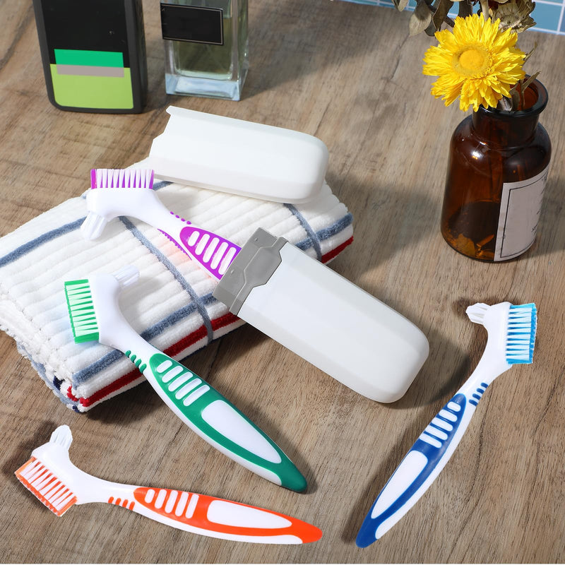 [Australia] - 4 Pcs Denture Brush, Portable Denture Toothbrushes with Carrying Case, Dual Angled False Teeth Care Cleaning Brush with Multi-Layered Soft Bristles (Purple, Green, Blue, Orange) 