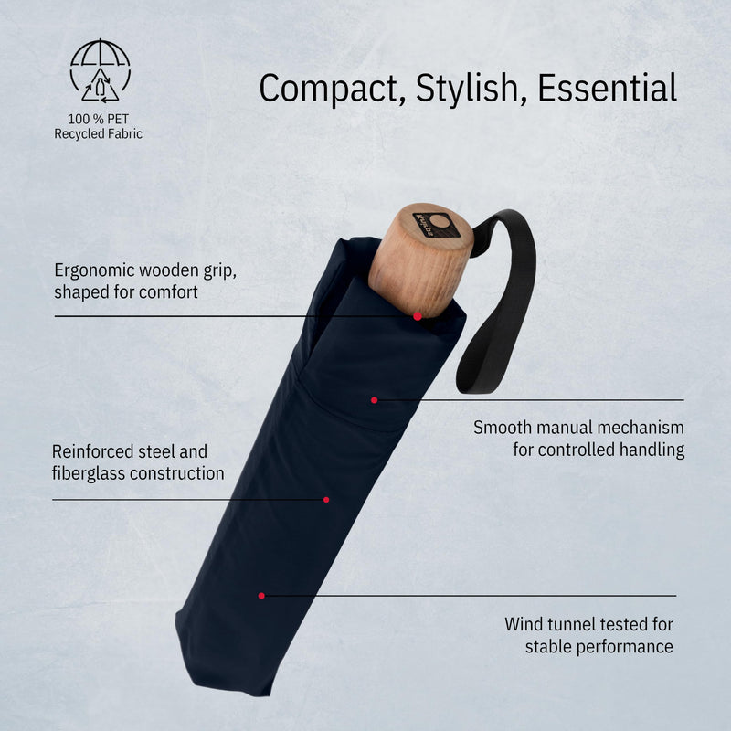Knirps TIMBER Manual Umbrella - Compact Folding Rain Protection with German Beechwood Handle, Wind Tunnel Tested Frame, Portable Travel Design Navy