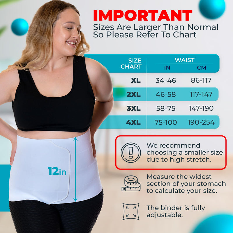 QORE LOGIQ Plus Size Abdominal Binder Post Surgery - C Section Belly Binder, Postpartum Belly Band, Adjustable 12" Compression Wrap for Stomach & Hernia Belt, White XXL XX-Large